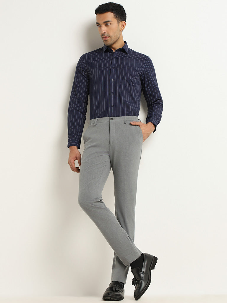 WES Formals Navy Striped Slim Fit Shirt