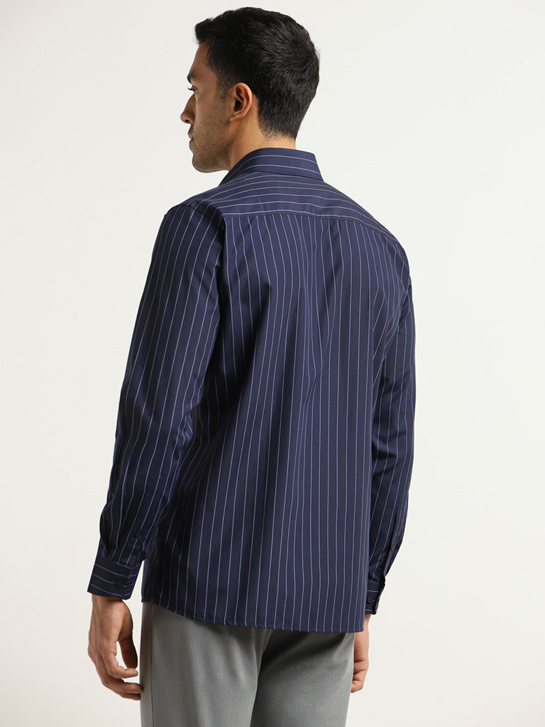 WES Formals Navy Striped Slim Fit Shirt