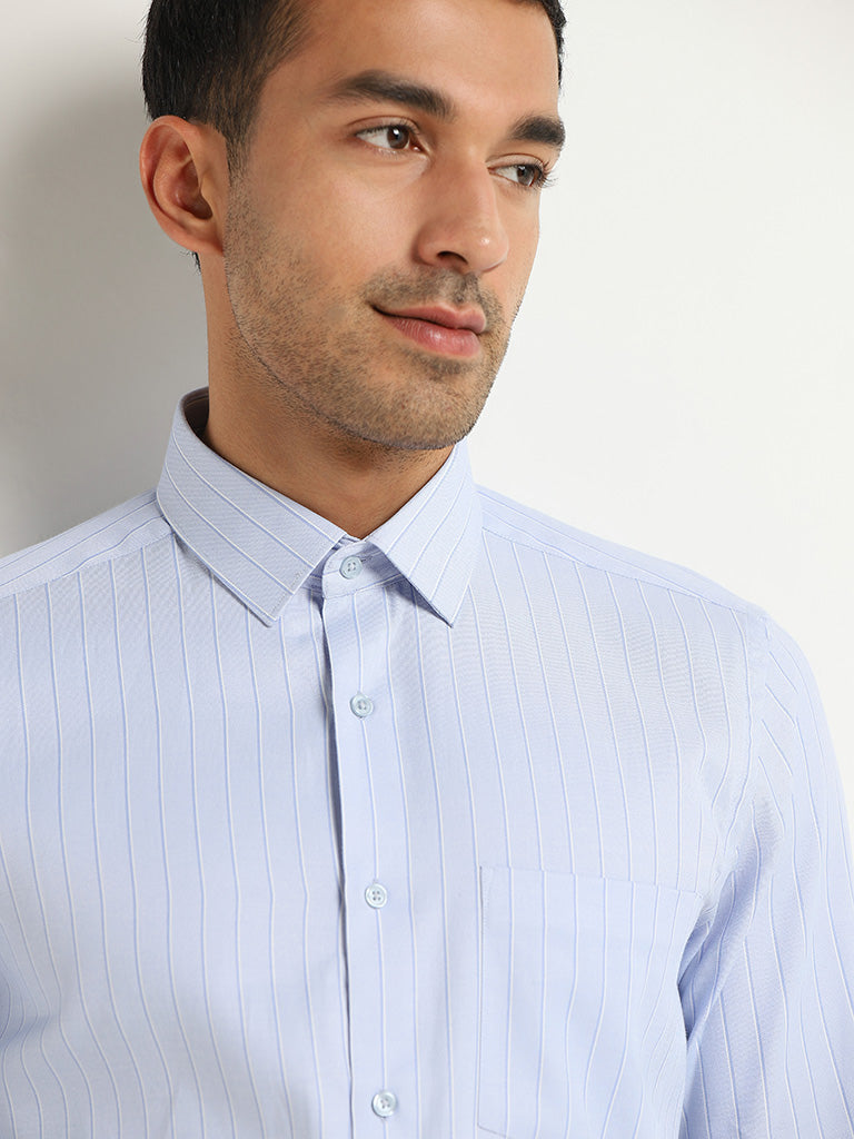 WES Formals Blue Striped Slim Fit Shirt