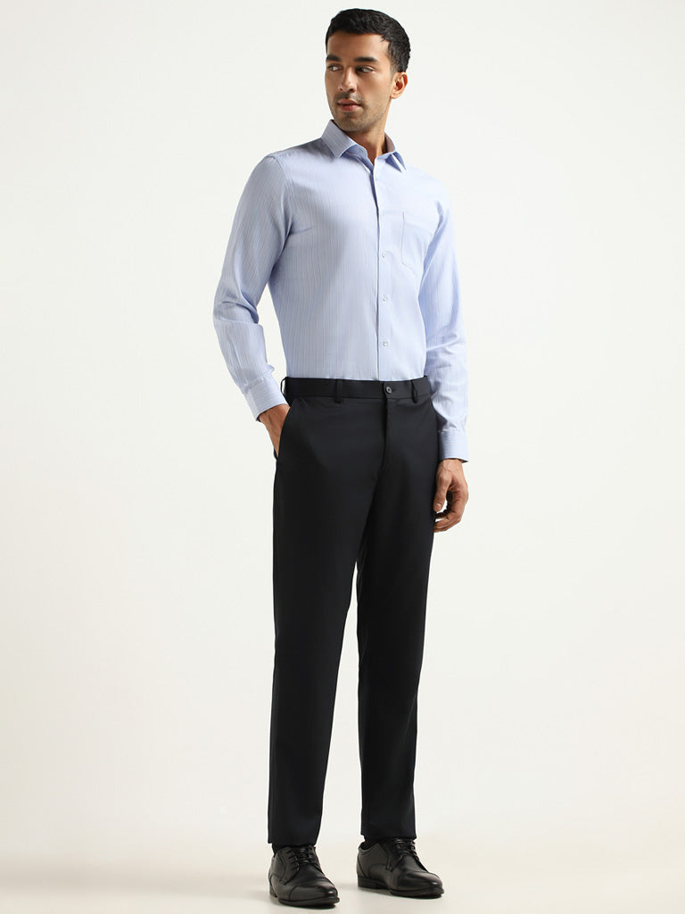 WES Formals Blue Striped Slim Fit Shirt