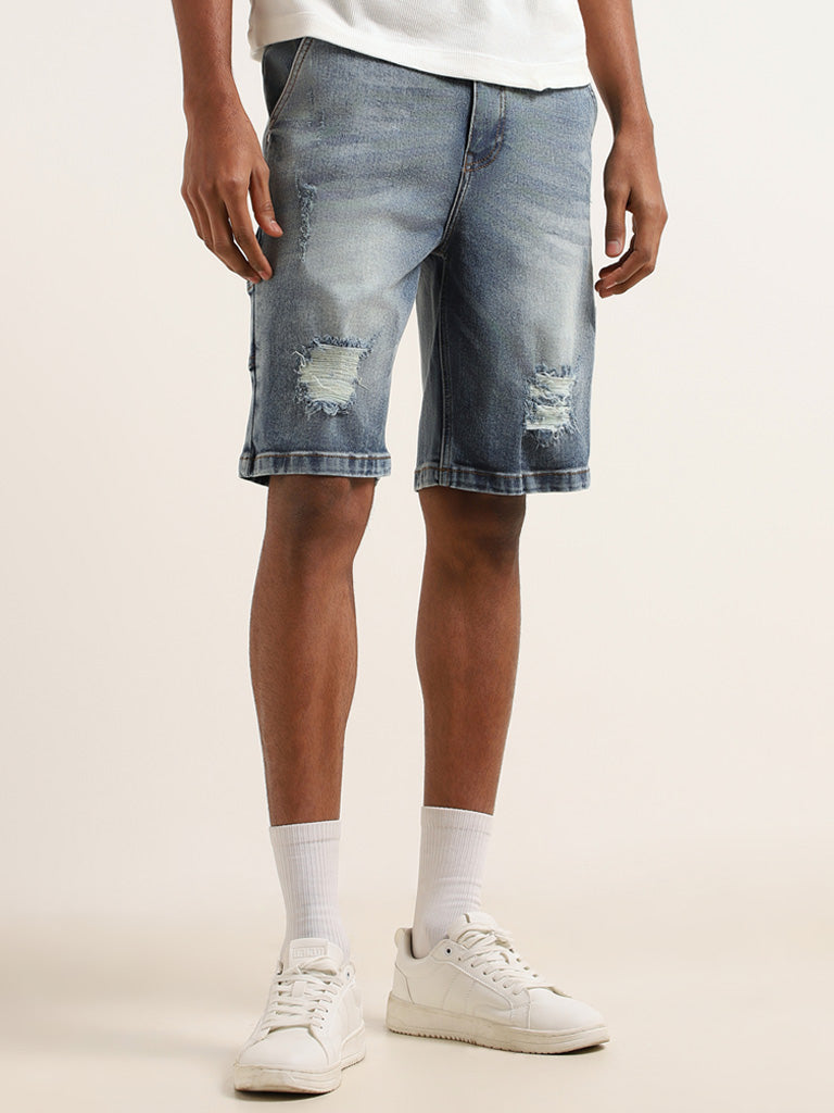 Nuon Blue Bermuda Distress Relaxed Fit Shorts