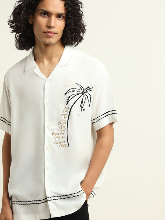 Nuon White Embroidered Cotton Relaxed Fit Shirt