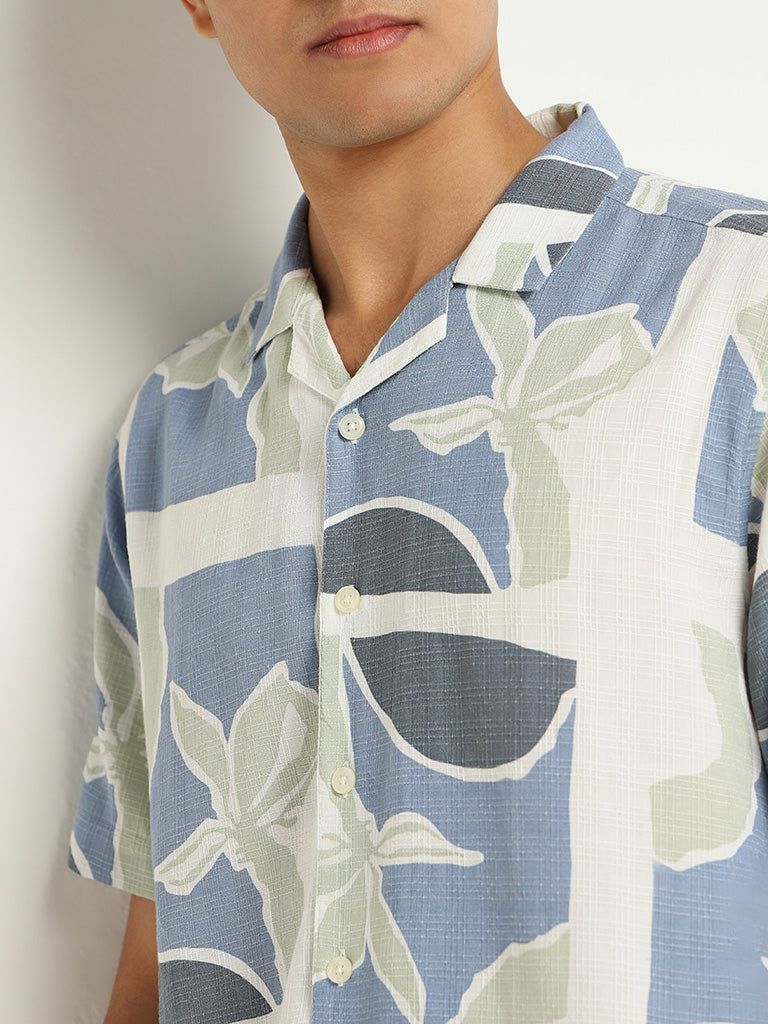 Nuon Blue Printed Cotton Relaxed Fit Shirt