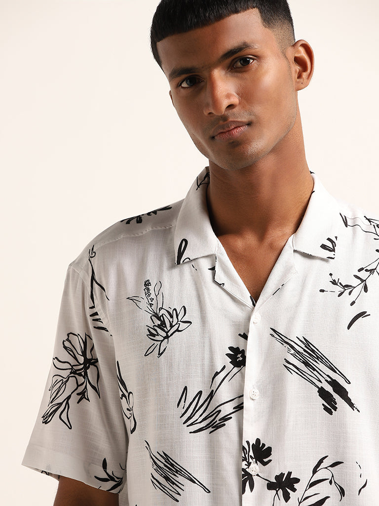 Nuon White Abstract-Print Cotton Relaxed Fit Shirt