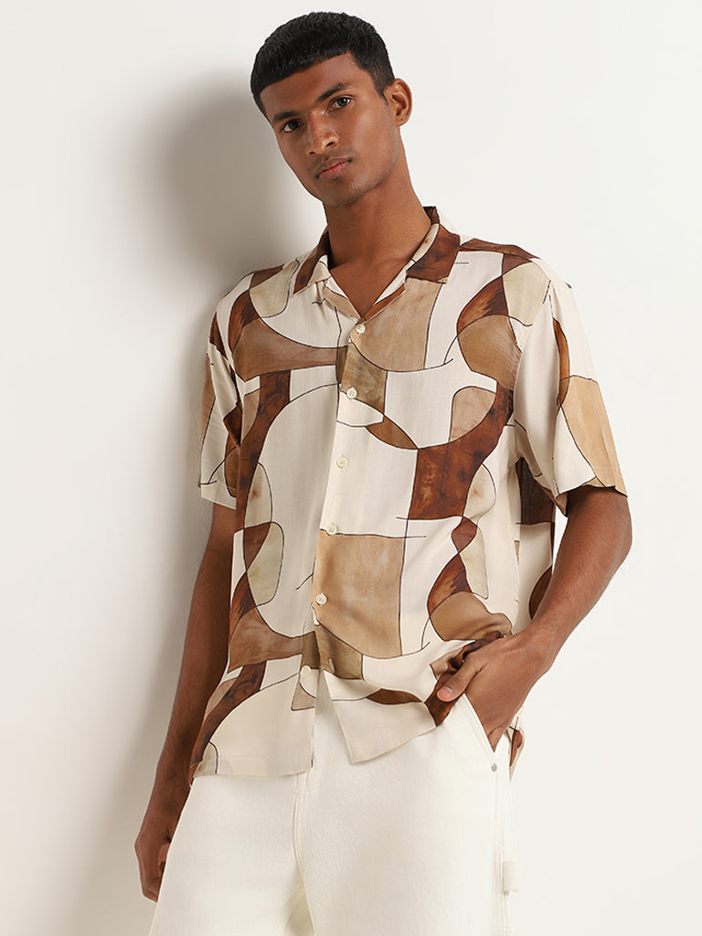 Nuon Brown Relaxed Fit Abstract Shirt