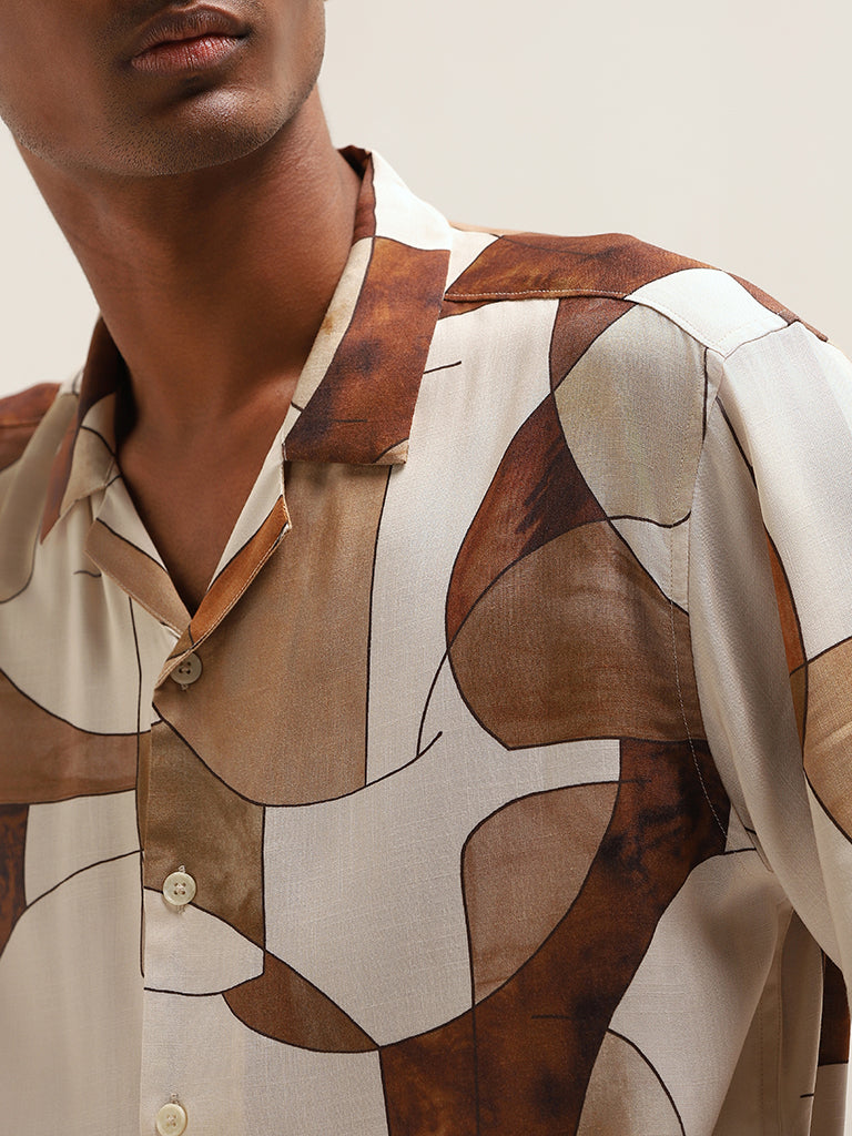 Nuon Brown Relaxed Fit Abstract Shirt