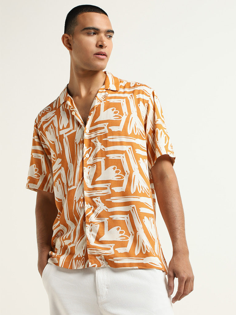 Nuon Orange Printed Cotton Relaxed Fit Shirt