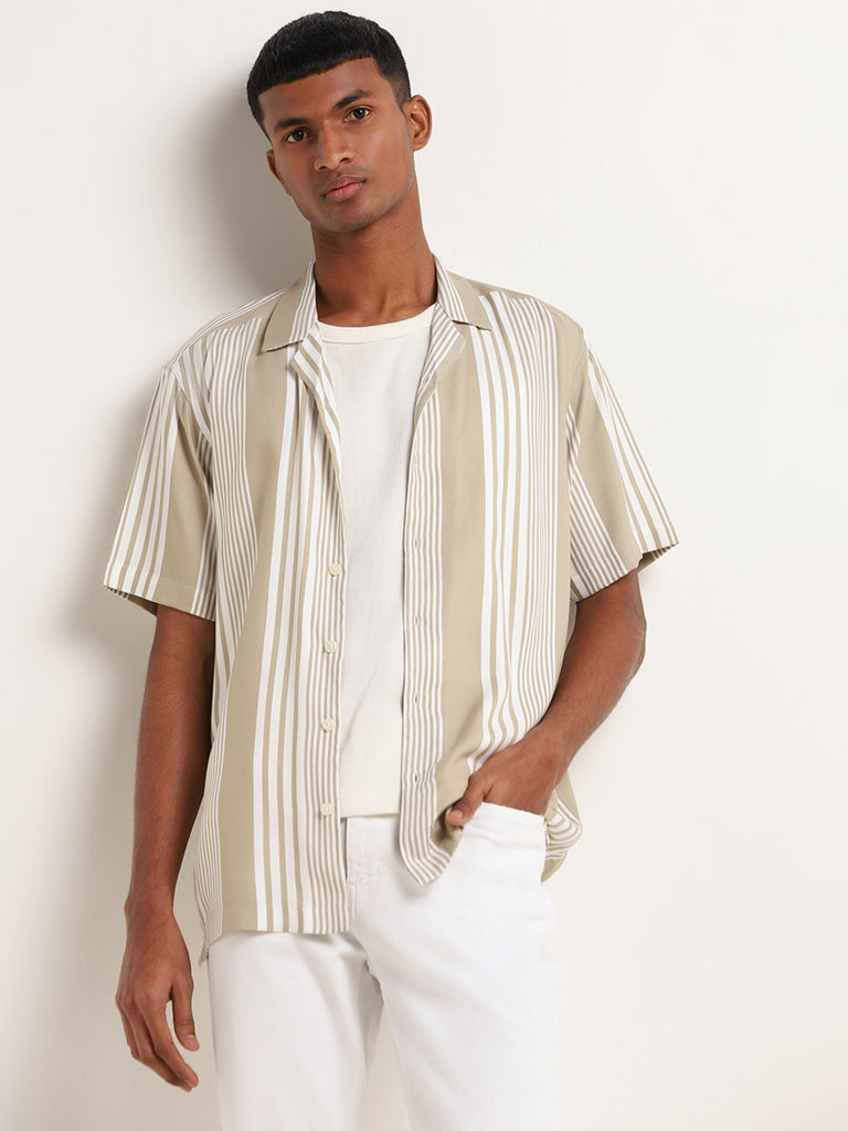 Nuon Beige Striped Relaxed Fit Shirt