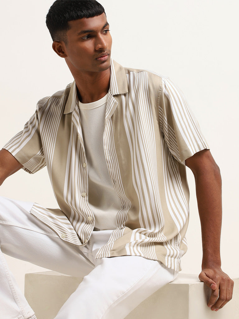 Nuon Beige Striped Relaxed Fit Shirt