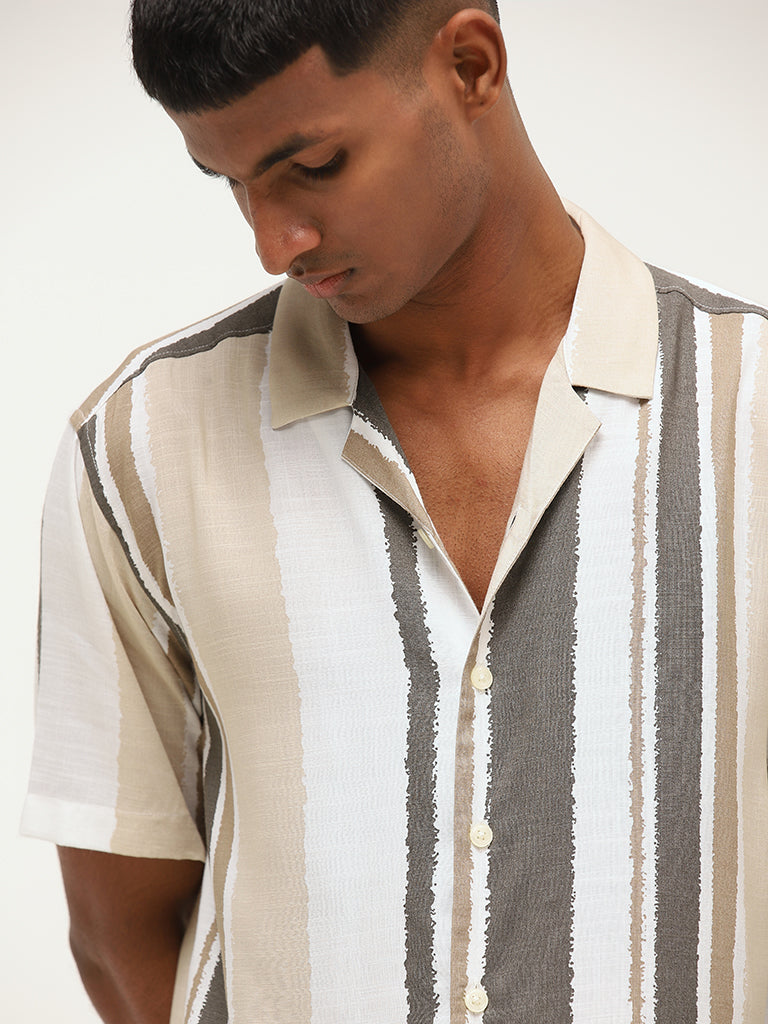 Nuon Beige Striped Cotton Relaxed Fit Shirt