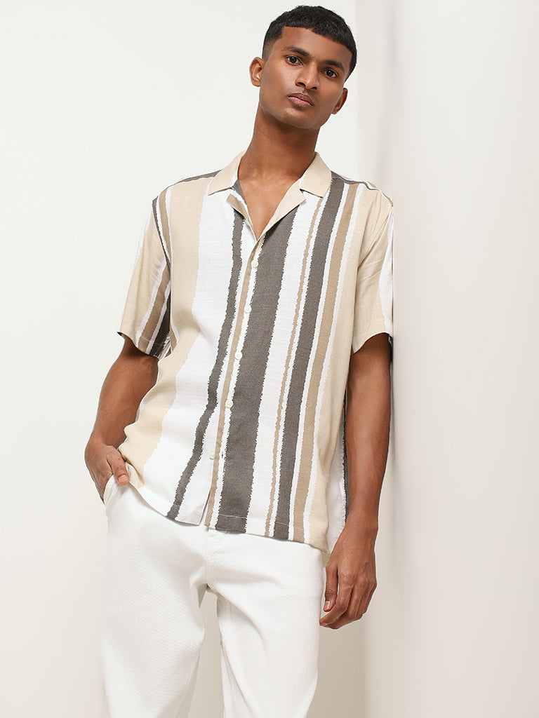 Nuon Beige Striped Cotton Relaxed Fit Shirt