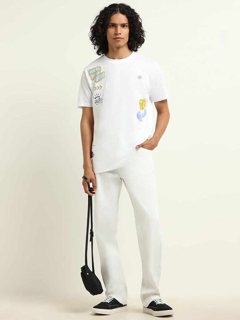 Nuon White Printed Cotton Relaxed Fit T-Shirt