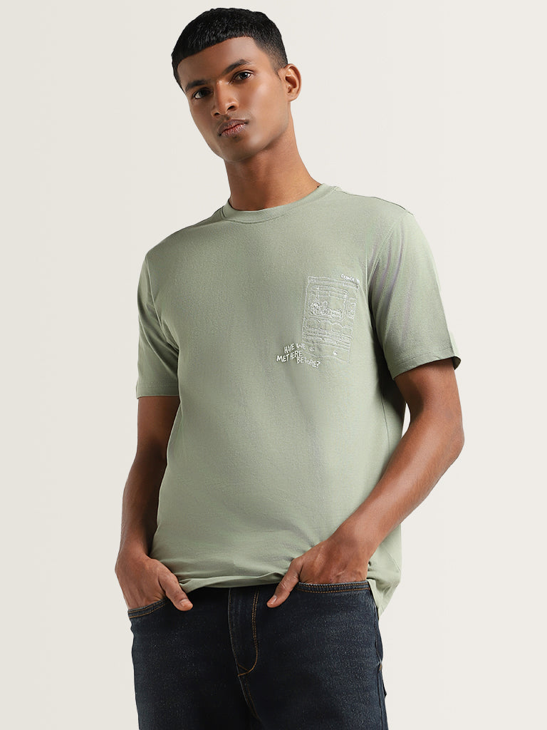 Nuon Green Embroidered Cotton Relaxed Fit T-Shirt