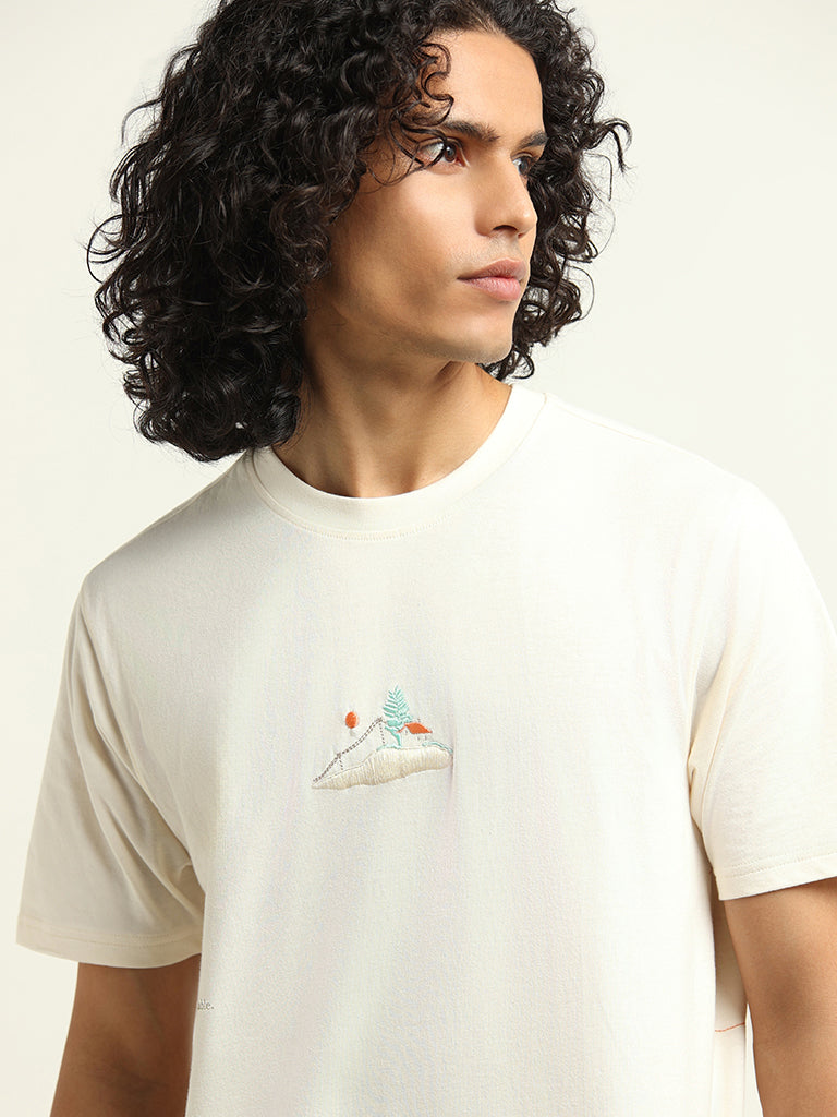 Nuon Off-White Embroidered Cotton Relaxed Fit T-Shirt