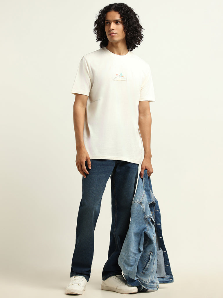 Nuon Off-White Embroidered Cotton Relaxed Fit T-Shirt