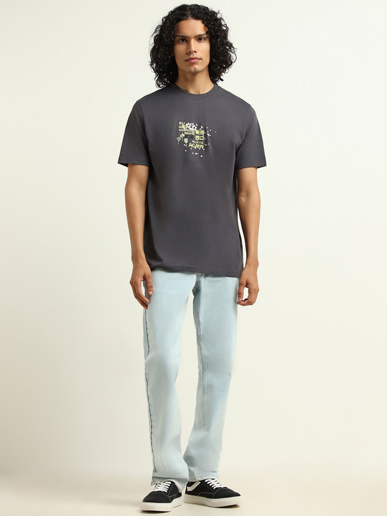 Nuon Grey Embroidered Cotton Relaxed Fit T-Shirt