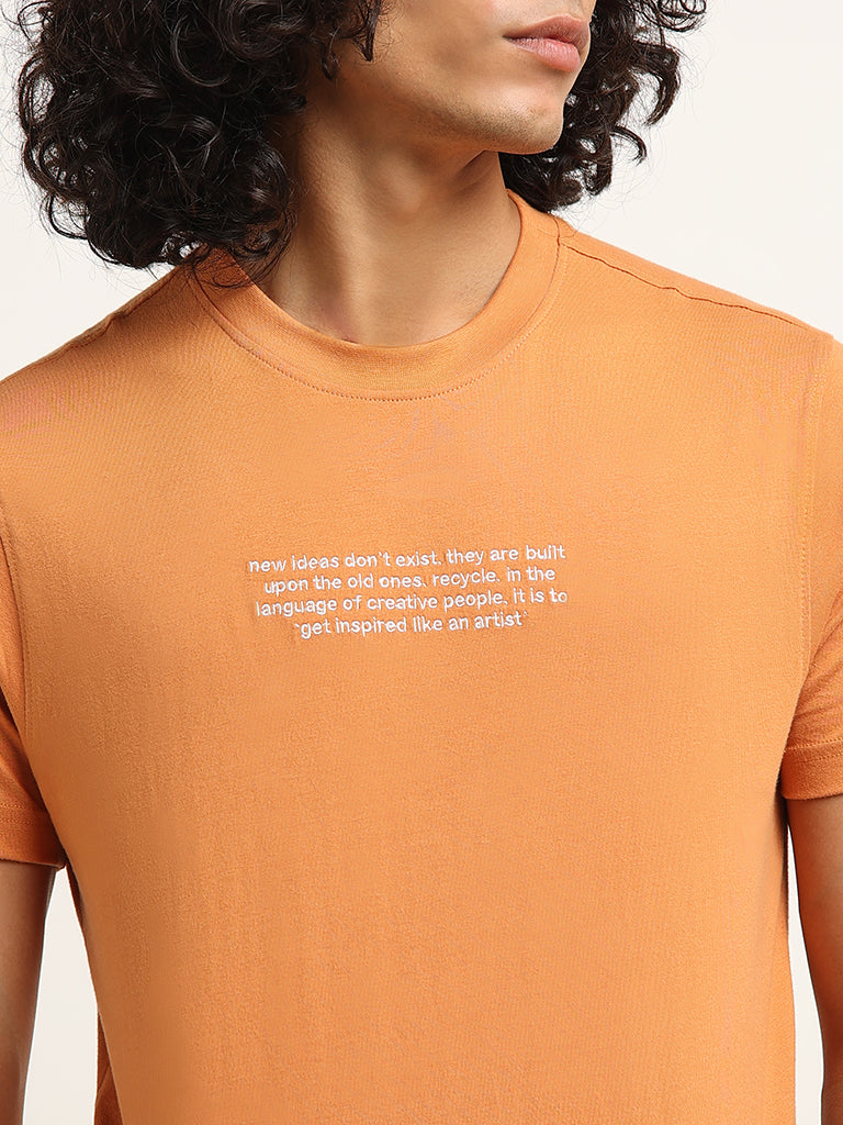 Nuon Orange Embroidered Cotton Relaxed Fit T-Shirt