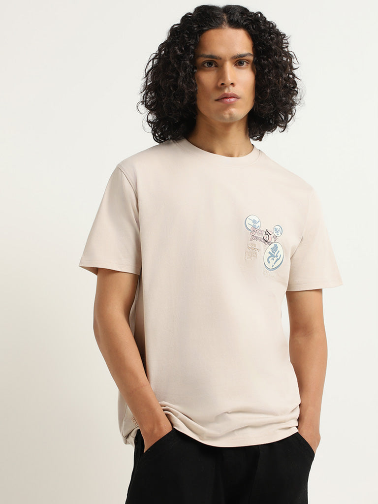 Nuon Beige Cotton Relaxed Fit T-Shirt