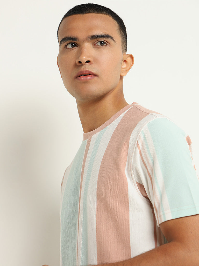 Nuon Multicolor Striped Cotton Slim Fit T-Shirt