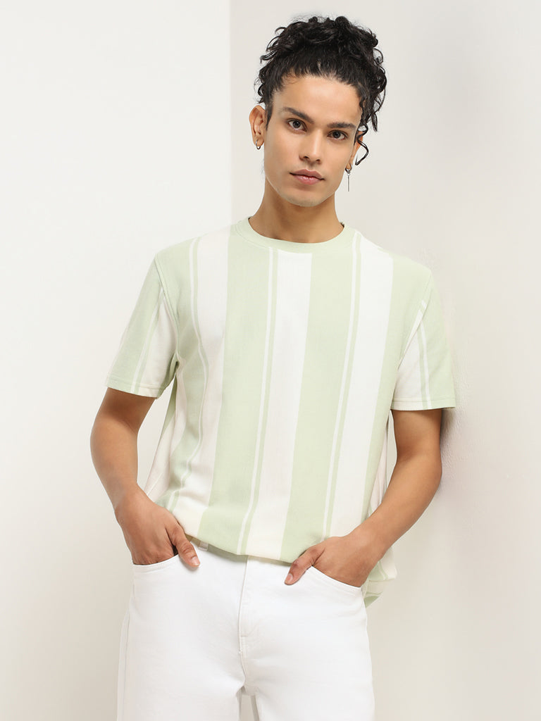 Nuon Green Striped Cotton Blend Slim Fit T-Shirt