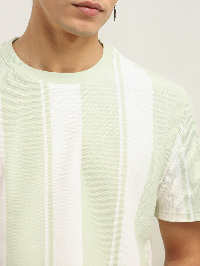 Nuon Green Striped Cotton Blend Slim Fit T-Shirt