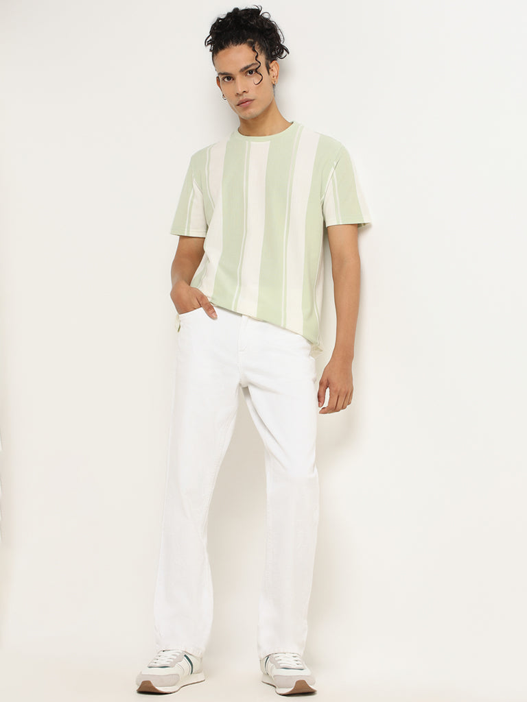 Nuon Green Striped Cotton Blend Slim Fit T-Shirt