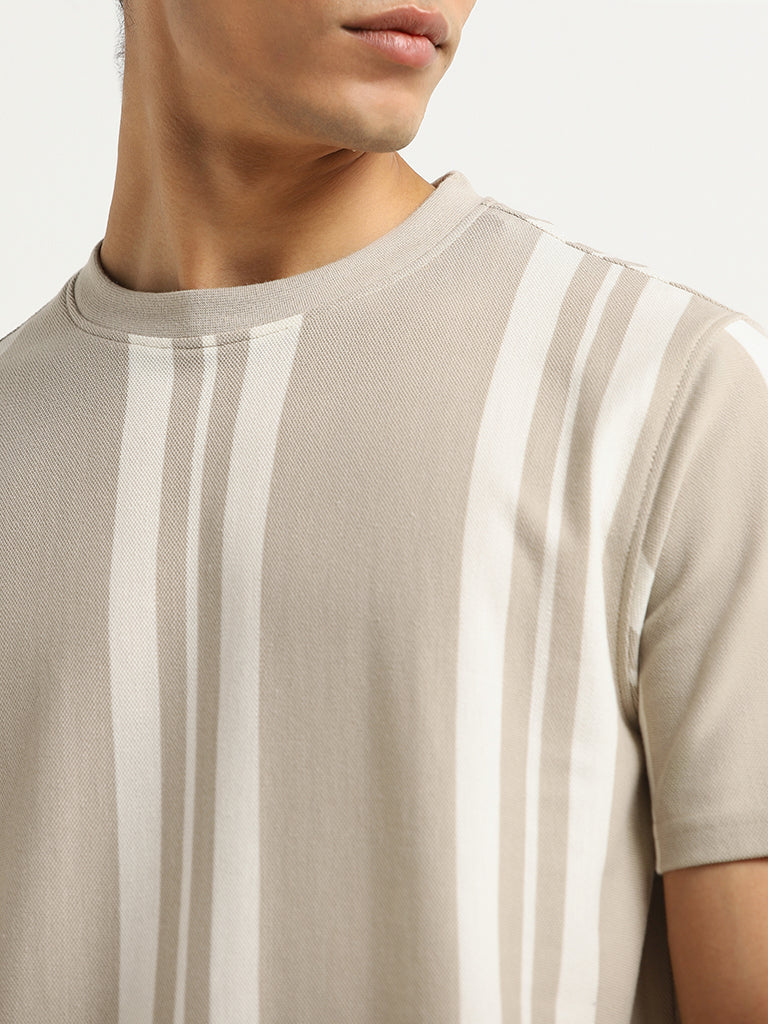 Nuon Beige Striped Cotton Blend Slim Fit T-Shirt