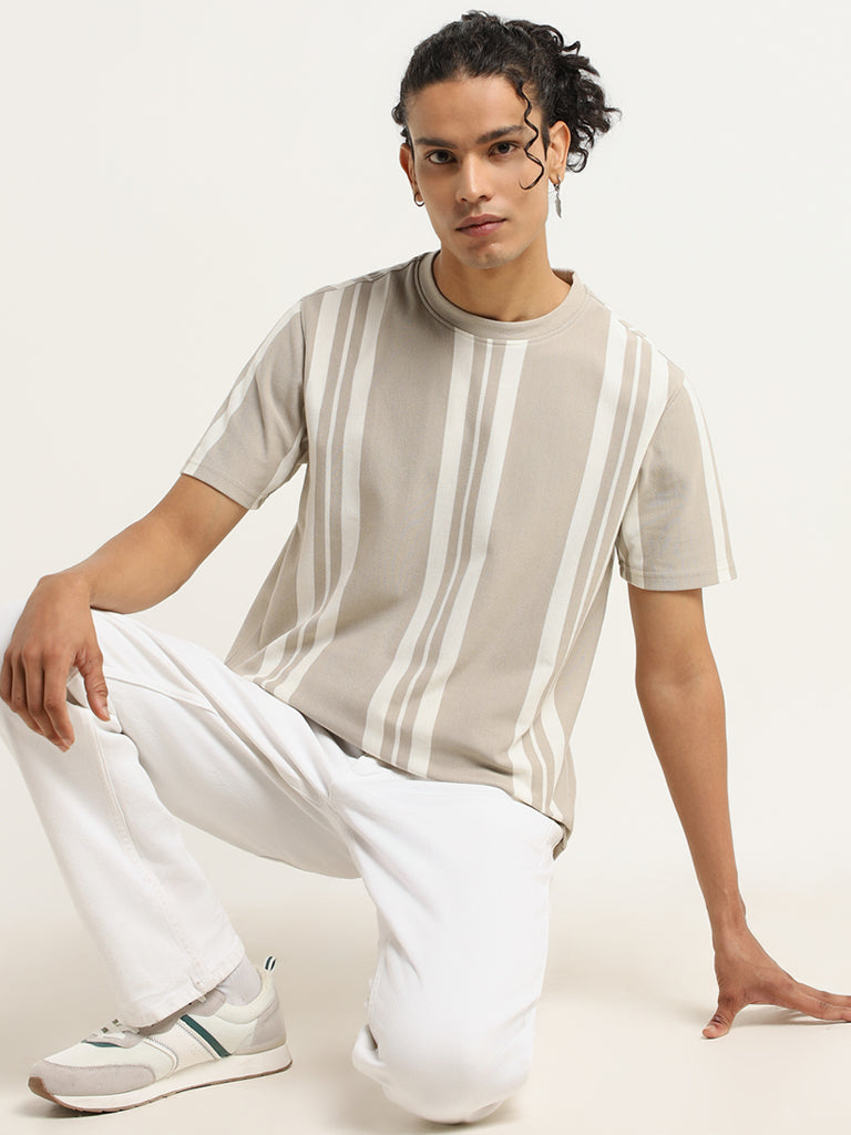 Nuon Beige Striped Cotton Blend Slim Fit T-Shirt