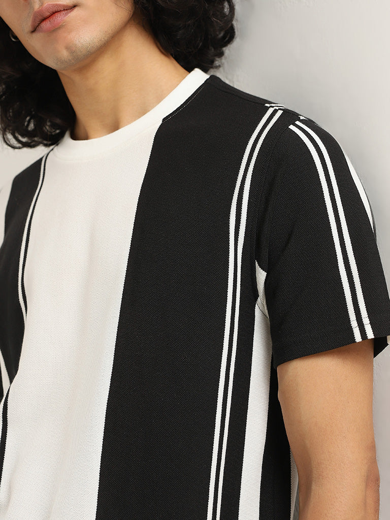 Nuon Black Monochrome Striped Slim Fit T-Shirt