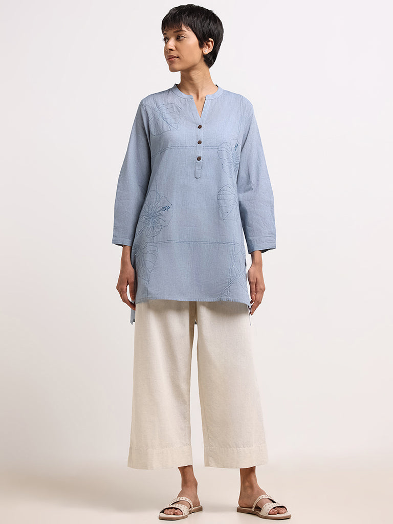 Utsa Indigo Leaf-Embroidered Cotton Kurti