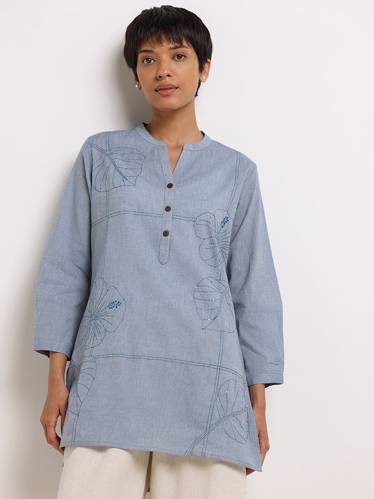 Utsa Indigo Leaf-Embroidered Cotton Kurti