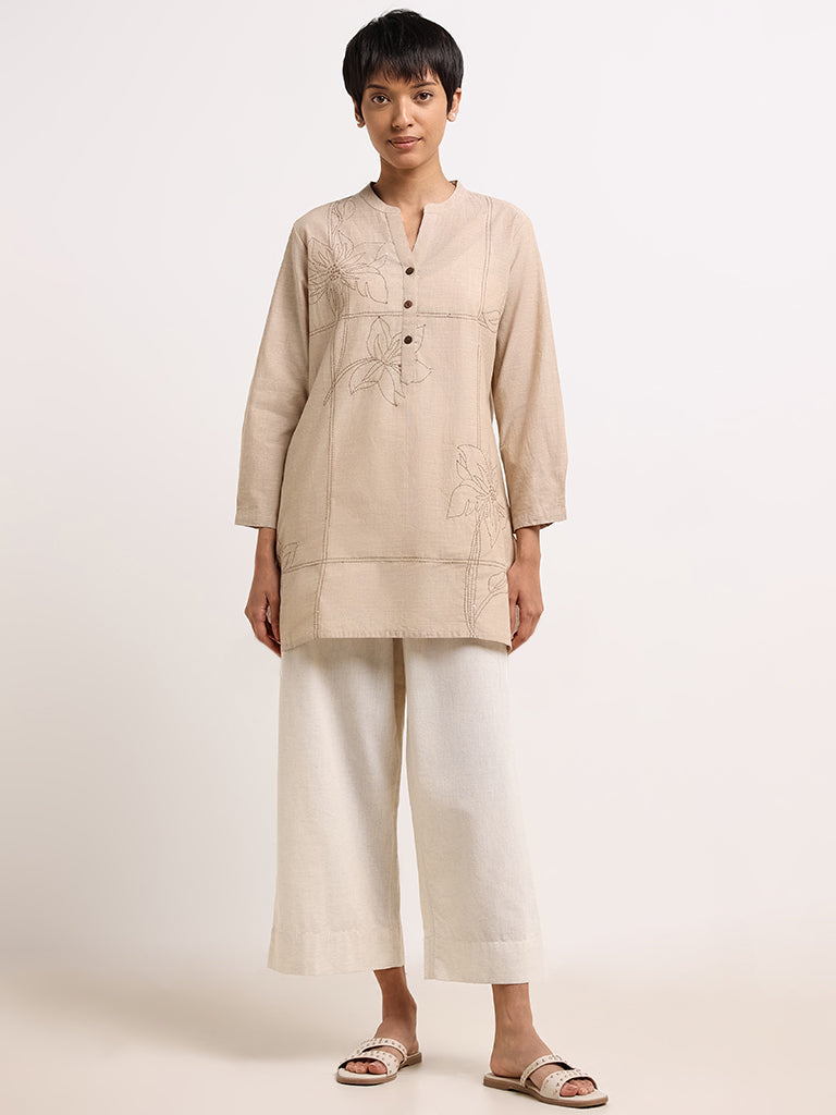 Utsa Beige Floral-Embroidered Cotton Kurti