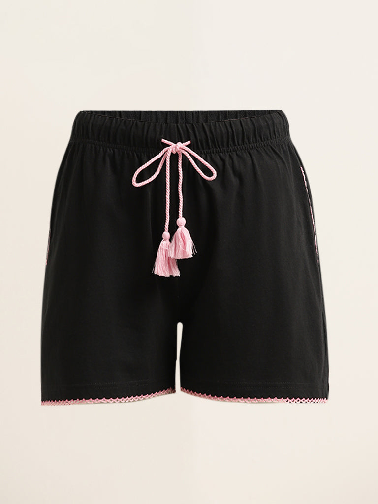 Wunderlove Plain Black Cotton Shorts