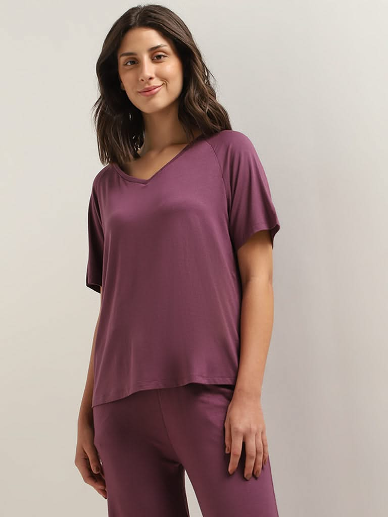 Wunderlove Purple V-Neck Cotton Supersoft T-Shirt