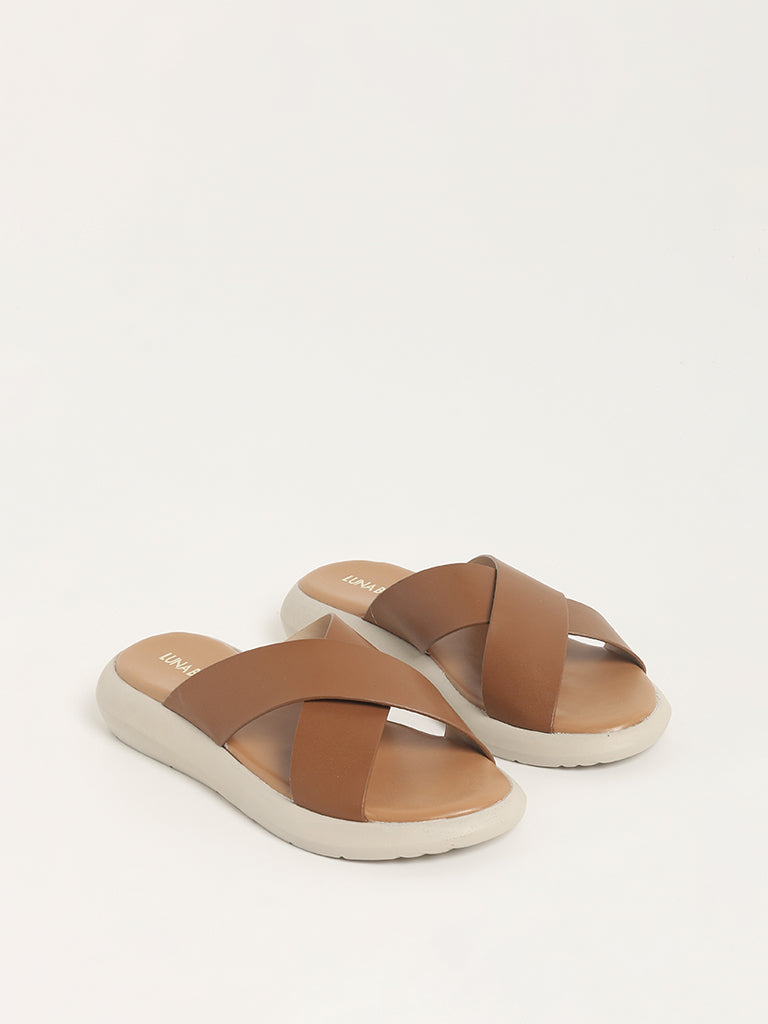 LUNA BLU Tan Criss-Cross Design Platform Slides