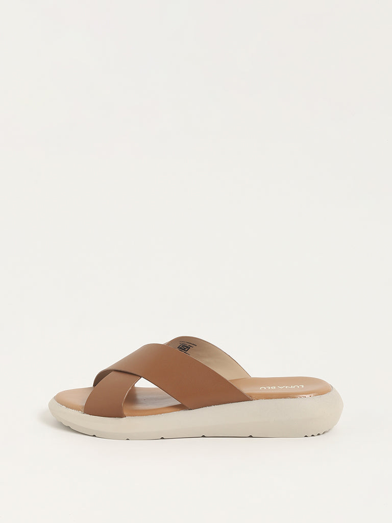 LUNA BLU Tan Criss-Cross Design Platform Slides