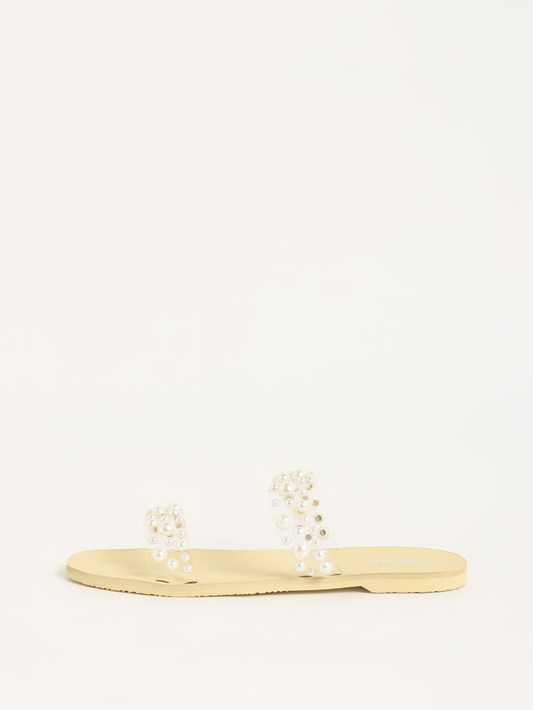 LUNA BLU Yellow Pearl Embellished Double-Strap Sandals