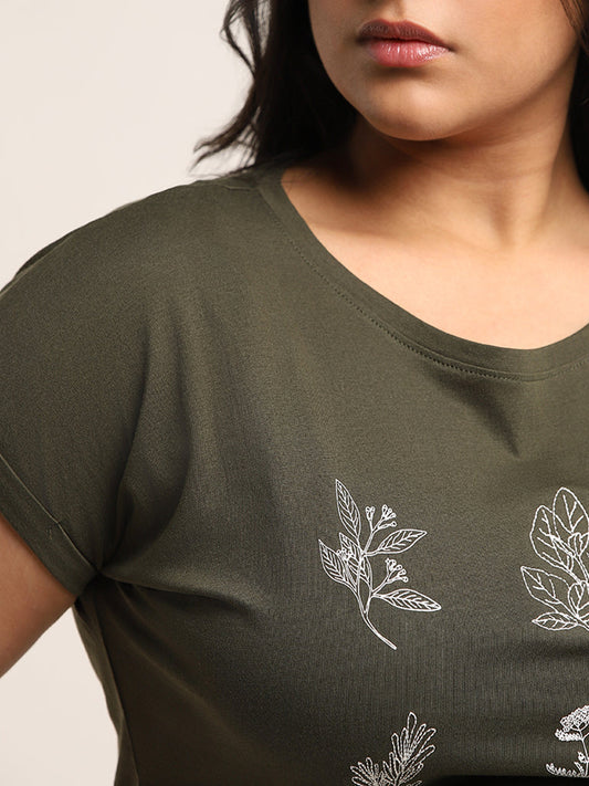 Gia Olive Green Printed Cotton T-Shirt