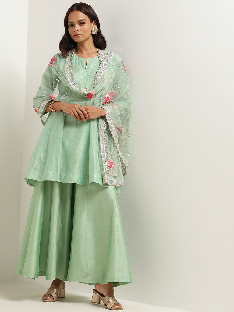 Vark Green Printed Kurti, Palazzos and Dupatta Set