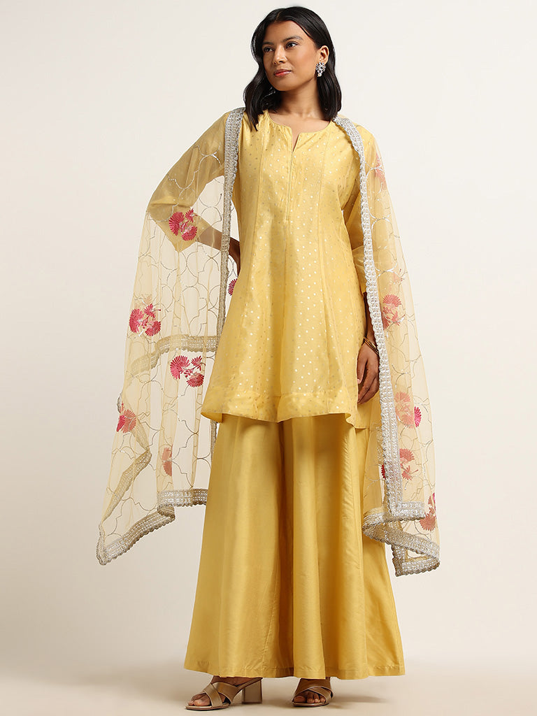 Vark Yellow A-line Kurta, Palazzos and Dupatta Set