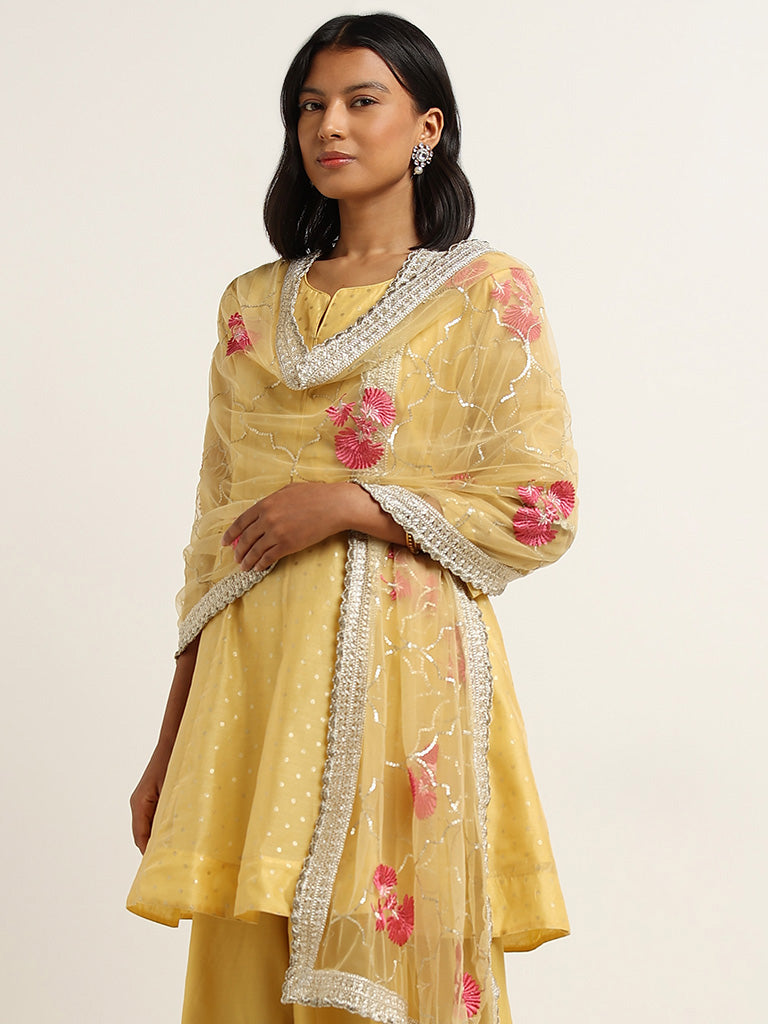 Vark Yellow A-line Kurta, Palazzos and Dupatta Set