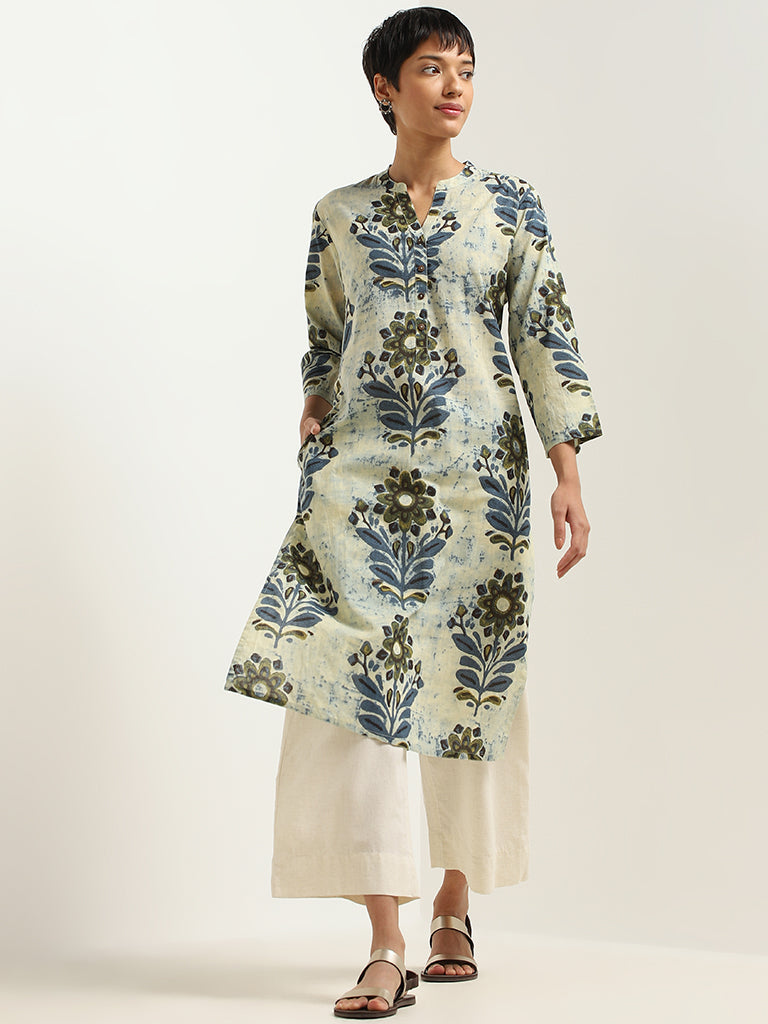 Utsa Indigo Floral Printed Cotton Kurta