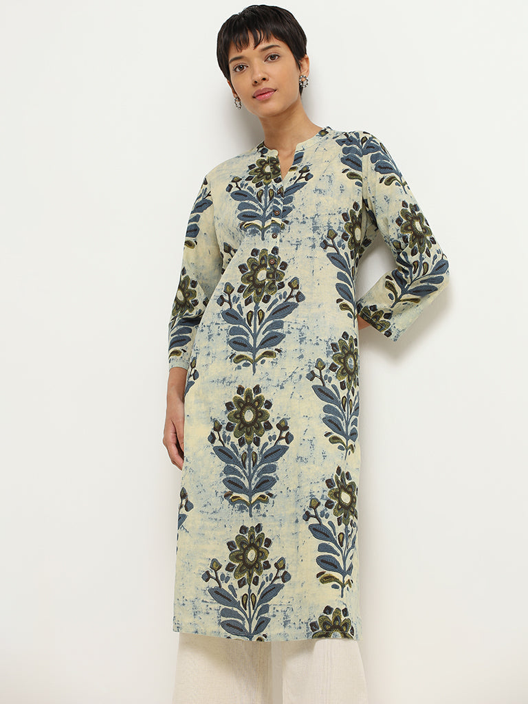 Utsa Indigo Floral Printed Cotton Kurta