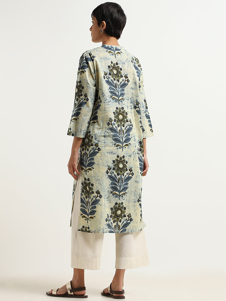 Utsa Indigo Floral Printed Cotton Kurta