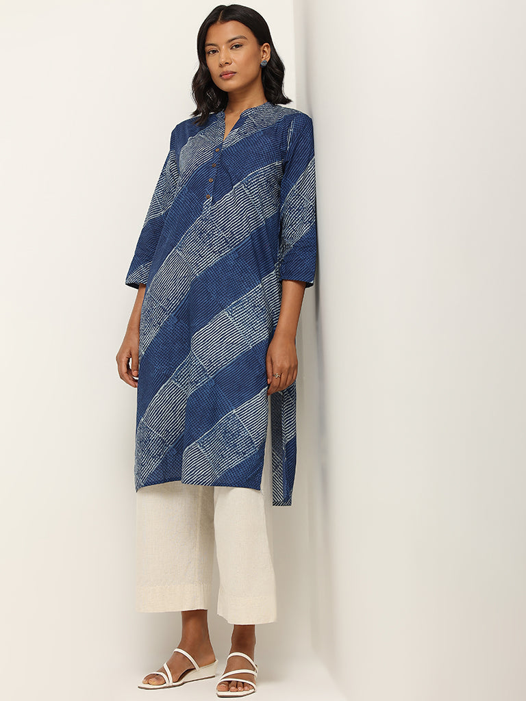 Utsa Indigo Straight Fit Printed Cotton Kurta