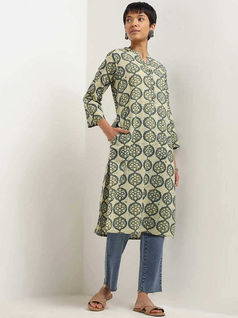 Utsa Green and Blue Motif Printed Cotton Kurta