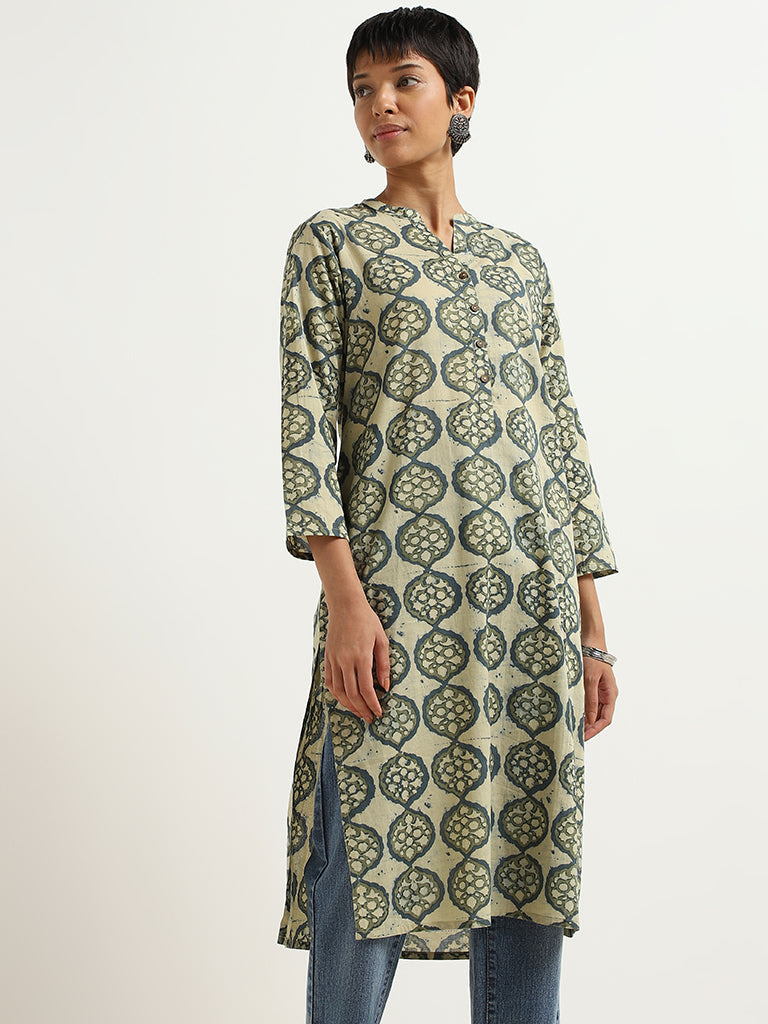 Utsa Green and Blue Motif Printed Cotton Kurta