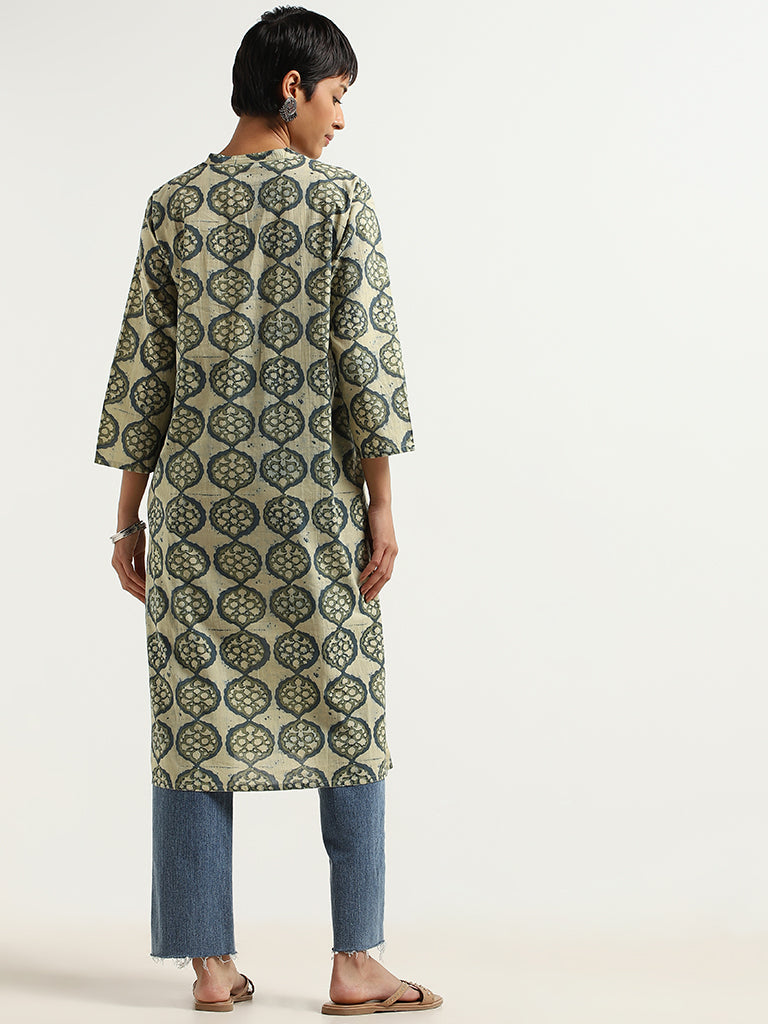 Utsa Green and Blue Motif Printed Cotton Kurta