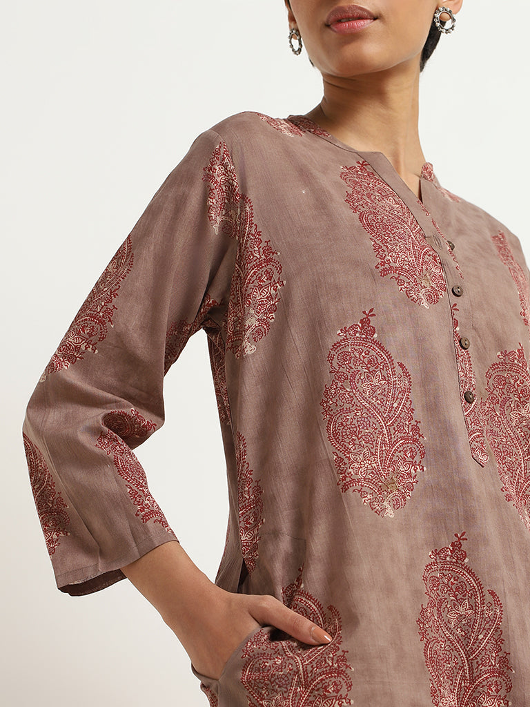 Utsa Brown Dabu Printed Cotton Kurta