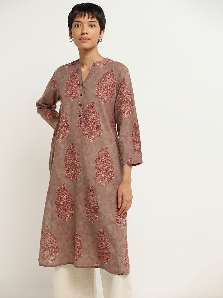 Utsa Brown Dabu Printed Cotton Kurta